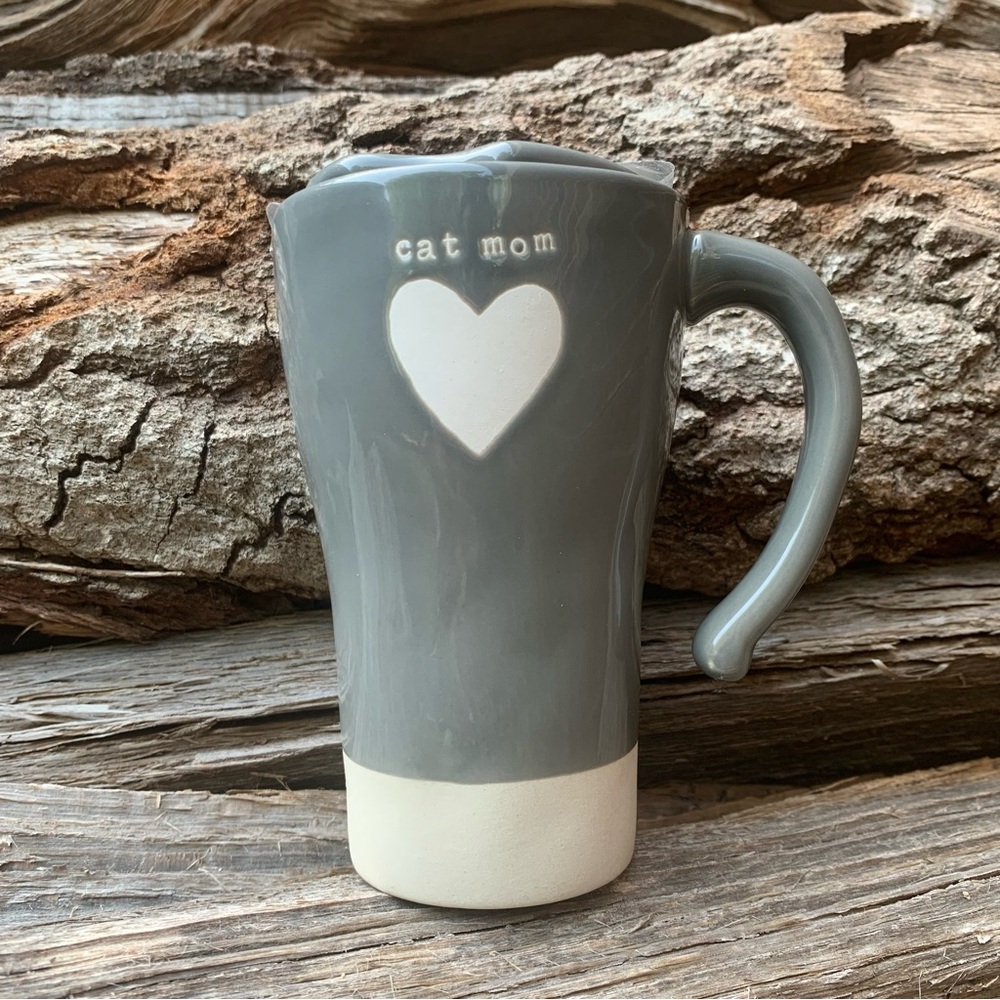 Gray Ceramic 'Cat Mom' Travel Mug w/ Lid | 12 fl oz.